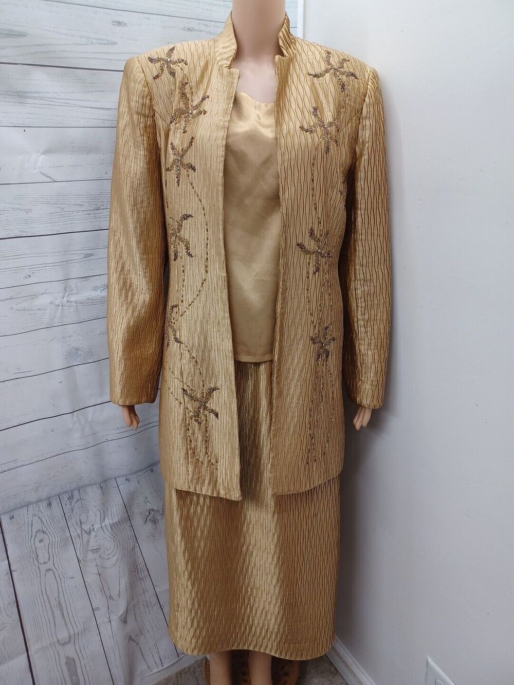 Nina Massini 3 Pcs Blazer Jacket Skirt Top Suit Set Beaded Gold Mustard Sz 8